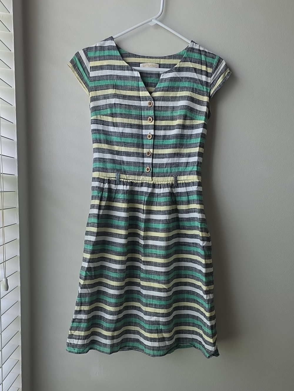 Striped Button-Front Summer Dress in Green, Gray & Cream